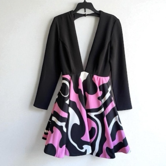 Rubber Ducky Inc. Black Pink Long Sleeve Plunge Neckline Dress Size Small USA - Picture 1 of 10